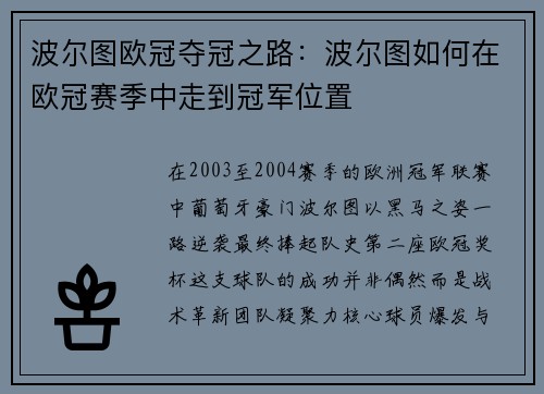 波尔图欧冠夺冠之路：波尔图如何在欧冠赛季中走到冠军位置